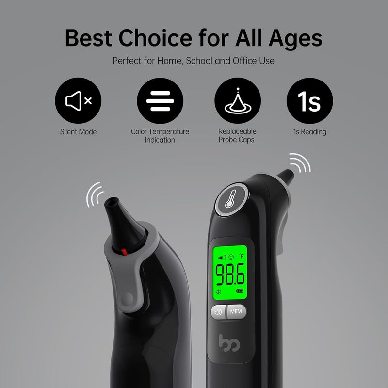 Femometer Ear Thermometer, Highly Accurate Ear Thermometer for Kids, Adults and Babies, 30 Memory Recall, 1s Result and 3-Color Fever Alert, with 24 Disposable Probe Covers, Black - Image 4